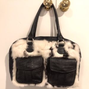 Elena Girardi black Italian leather handbag w/ fur